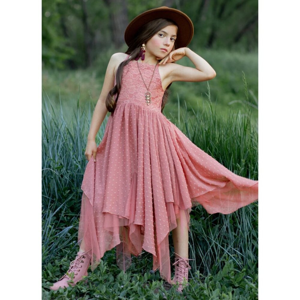 Joyfolie Oliviah Ashe Rose Dress W/ Lace & Polka Dots Handkerchief Hem Sz 7